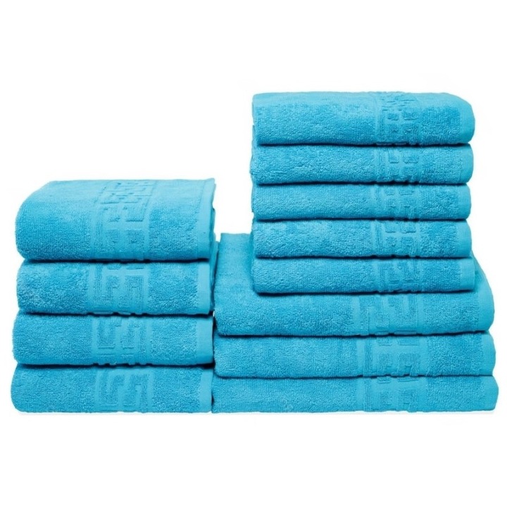 Комплект от 12 кърпи за баня, памук, гръцка шарка, 500g/m², тюркоаз