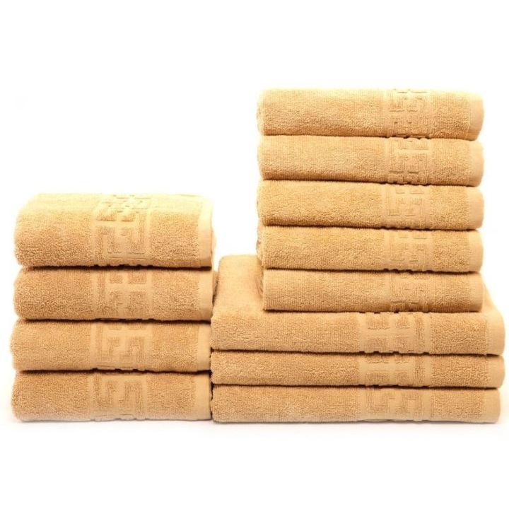 Комплект от 12 кърпи за баня, памук, обикновен, гръцка граница, 500g/m², кафяв
