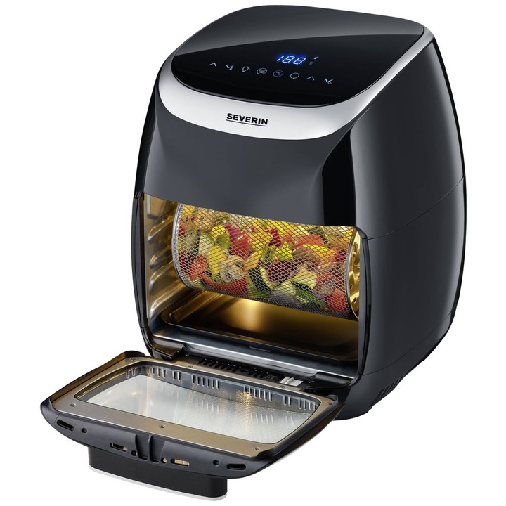 Friteuza Air Fryer Severin, S2446, capacitate 11 litri, fara ulei, 8 programe, temperatura ajustabila 35-200°C, timer, ecran LCD, touchscreen, functie deshidratare, oprire automata, negru