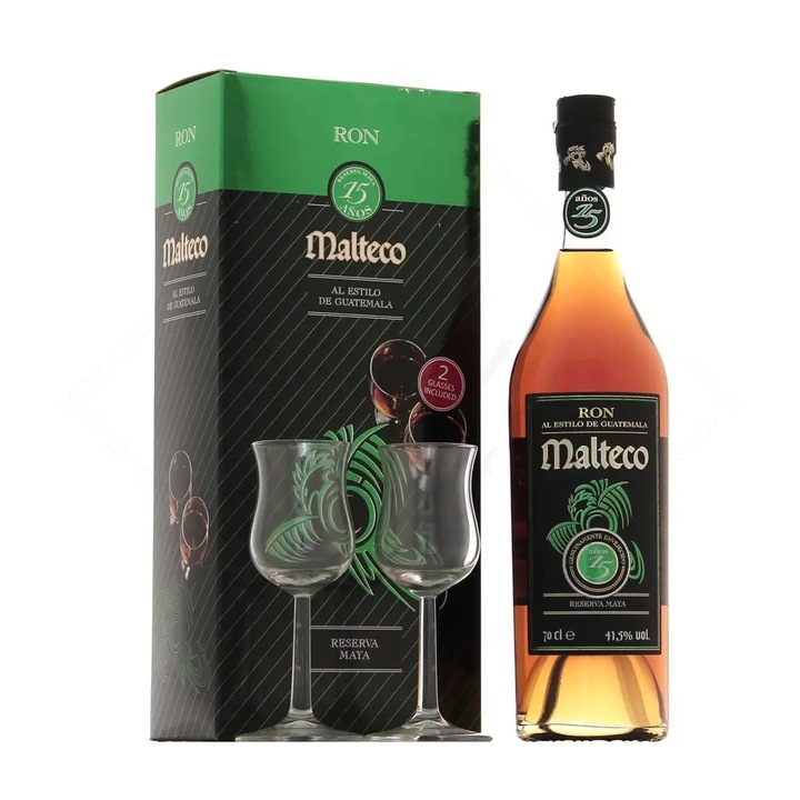 Malteco rum 15 év, 0.7 l, pdd + 2 pohár 41,5%