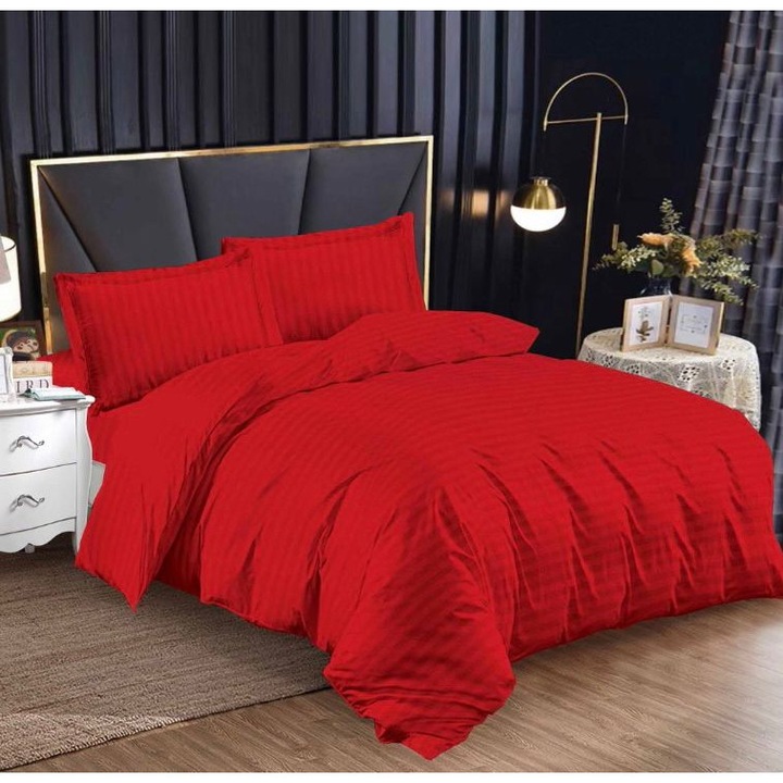 Set Lenjerie de pat pentru 1 Persoana, Tip Damasc gros, Uni, 4 Piese, Pucioasa, Bumbac, Cearceaf pat cu elastic 140 x 200 x 25 cm, Cearceaf pilota 155 x 200 cm, 2 Fete de perna 55 x 75 cm, Rosu, DM-004