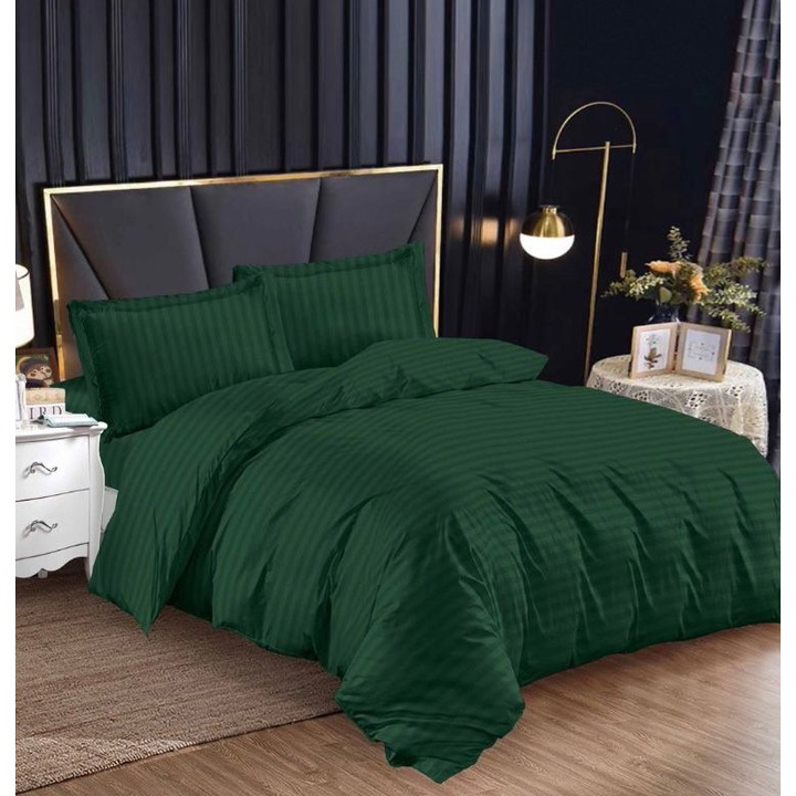 Set Lenjerie de pat pentru 1 Persoana, Tip Damasc gros, Uni, 4 Piese, Pucioasa, Bumbac, Cearceaf pat cu elastic 140 x 200 x 25 cm, Cearceaf pilota 155 x 200 cm, 2 Fete de perna 55 x 75 cm, Verde, DM-005