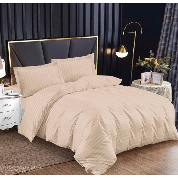 Set Lenjerie de pat pentru 1 Persoana, Tip Damasc gros, Uni, 4 Piese, Pucioasa, Bumbac, Cearceaf pat cu elastic 140 x 200 x 25 cm, Cearceaf pilota 155 x 200 cm, 2 Fete de perna 55 x 75 cm, Crem, DM-011