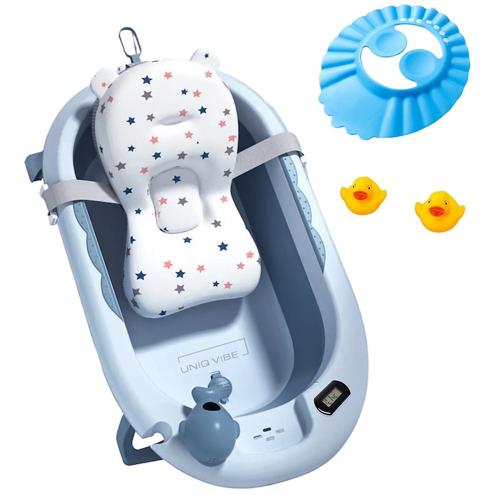 Cadita bebelusi pliabila cu pernuta UniqViBE®, termometru incorporat, cana pentru clatire tip jucarie, suport cap de dus si pentru sapun, cu perna din material hipoalergenic, lavabil cu uscare rapida, picioare antiderapante, design Ergonomic, Blue Royal