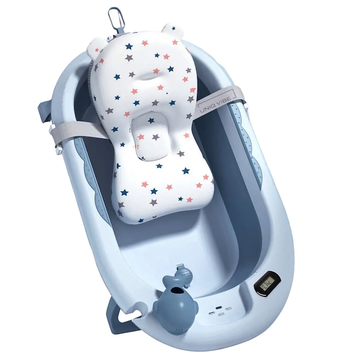 Сгъваема бебешка вана с възглавница UniqViBE, вграден термометър, чаша за изплакване тип играчка, душ слушалка и държач за сапун, хипоалергенен материал, може да се пере с бързо изсъхване, неплъзгащи се крачета, Ергономичен дизайн, Blue Royal