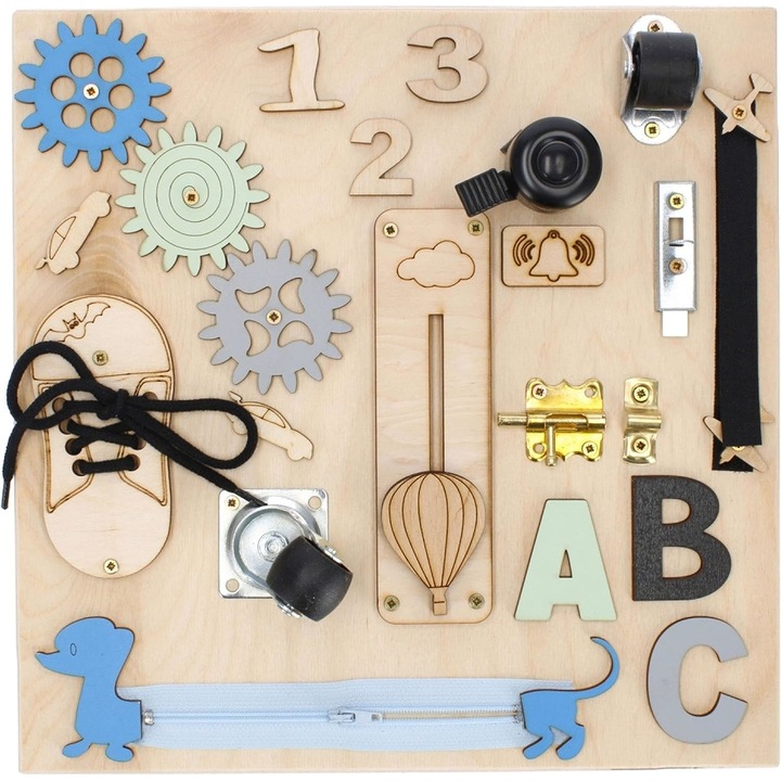 Сензорна дъска тип Монтесори, "LikeSmart Busy Board Blue Dog", Дърво, Множество дейности, 30 x 30 cm