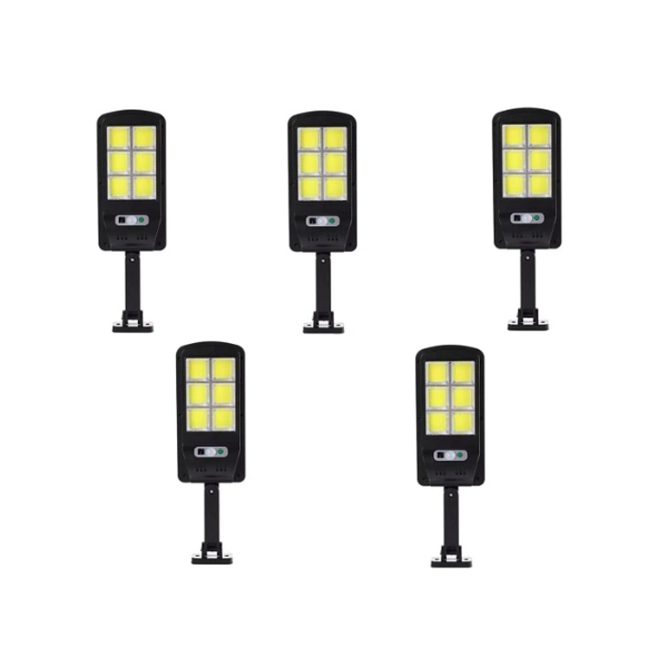 5 db-os Solar utcai lámpa készlet 6COB 120 LED, mozgásérzékelő, beépített napelem, rögzítőkar mellékelve, távirányító több funkcióval a fényerősség és a működési idő beállításához, IP65 vízálló, fekete