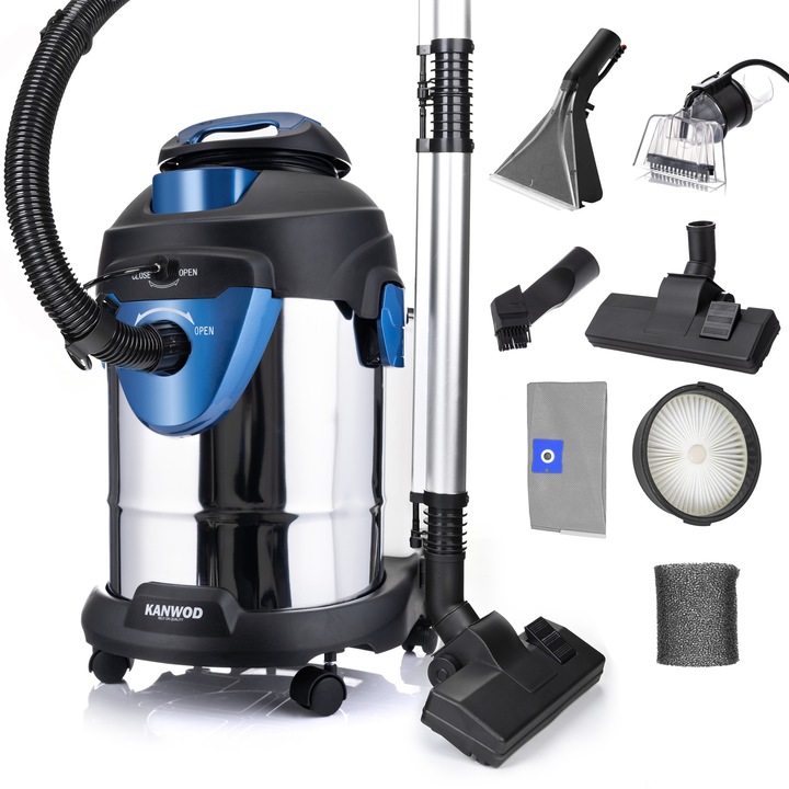Aspitaror cu spalare, Kanwod Superwash, 1400/2000 W, Multifunctional, Multisuprafete, Cu spalare, Capacitate 20 l, 10 Kg, Gri/Albastru