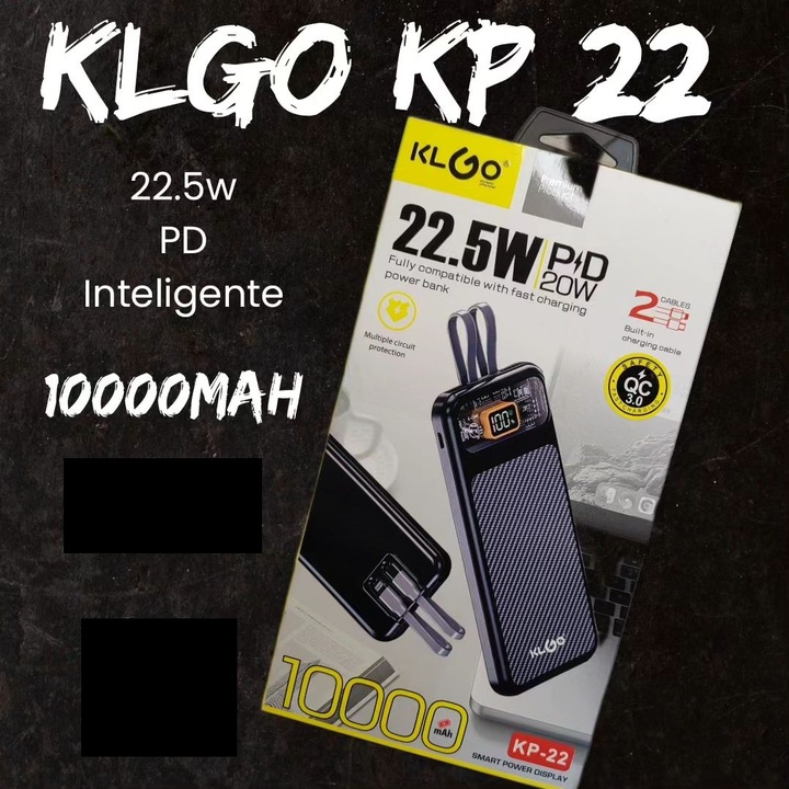 Külső akkumulátor KLGO, Kapacitás 10000 mAh, 22,5W, fekete