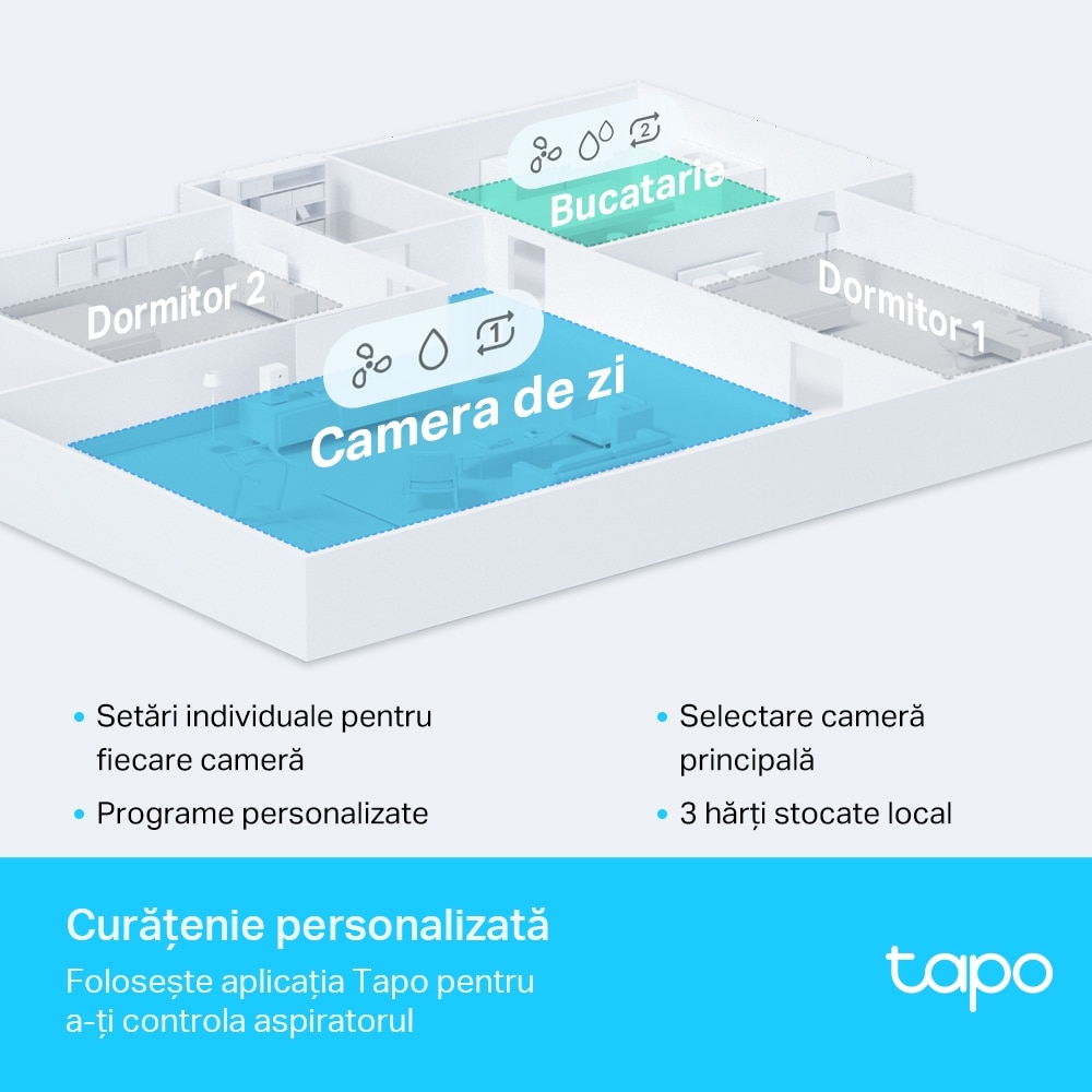 Robot de aspirare TP-Link Tapo RV30 Plus, aspirator&mop&statie, sistem LiDAR & Gyro, 4200 Pa, autonomie de pana la 5 ore, 5000 mAh, recipient apa 300 ml, golire automata, detectarea tipului de suprafata, Alexa sau Google Home, alb/negru