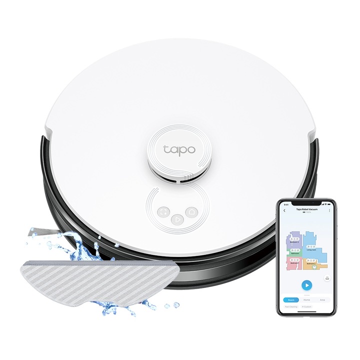 Робот прахосмукачка TP-Link Tapo RV30, LiDAR & Gyro двойна навигационна система, 4200 Pa, Автономия до 5 часа, 5000 mAh, Контейнер за прах: 400 мл, Контейнер за вода 300 мл, Разпознаване на типа повърхност, Alexa или Google Home, Бял/Черен