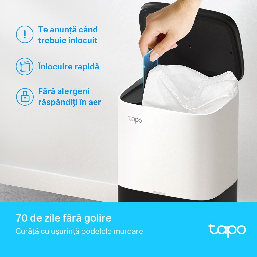 Robot de aspirare TP-Link Tapo RV30 Plus, aspirator&mop&statie, sistem LiDAR & Gyro, 4200 Pa, autonomie de pana la 5 ore, 5000 mAh, recipient apa 300 ml, golire automata, detectarea tipului de suprafata, Alexa sau Google Home, alb/negru