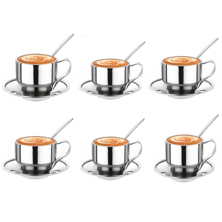 Set 6x ceasca, farfurie si lingurita din inox, 125 ml