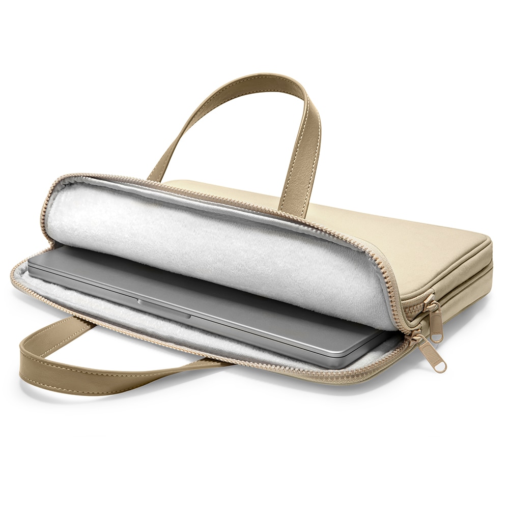 Geanta pentru laptop Tomtoc, waterproof, intarita la colturi, protectie 360°, diagonala maxima 14", piele ecologica, Crem