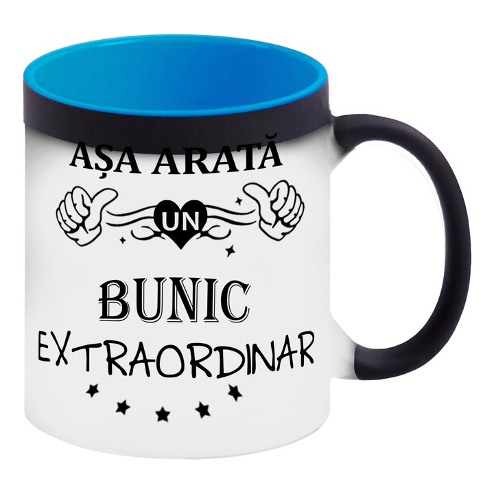 Cana termosensibila neagra cu interior albastru inima personalizata Asa arata un Bunic extraordinar, 325 ml, Pop Radu Daniel II