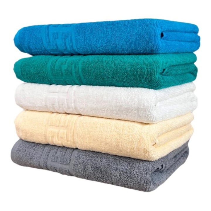 Set 5 prosoape de baie, Bumbac, Uni, Bordura Greceasca, 500g/m², 70x140cm, M5, Multicolor