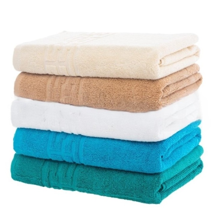 Set 5 prosoape de baie, Bumbac, Uni, Bordura Greceasca, 500g/m², 70x140cm, M12, Multicolor