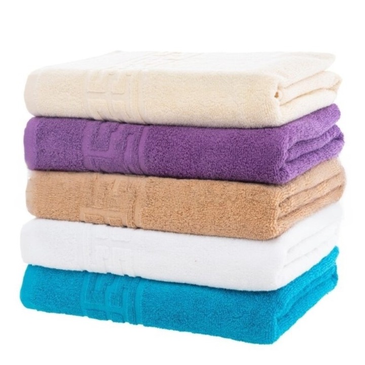 Set 5 prosoape de baie, Bumbac, Uni, Bordura Greceasca, 500g/m², 70x140cm, M14, Multicolor