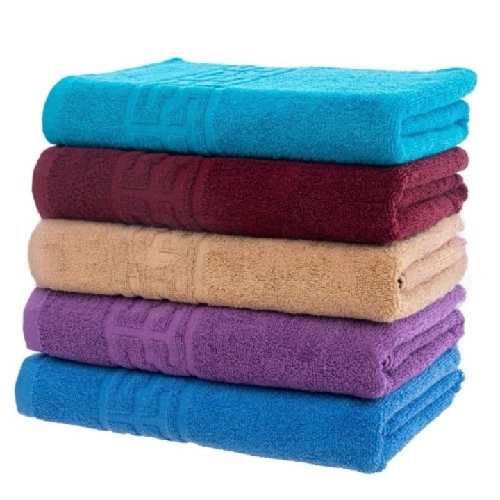 Set 5 prosoape de fata, Bumbac, Uni, Bordura Greceasca, 500g/m², 50x90cm, M15, Multicolor