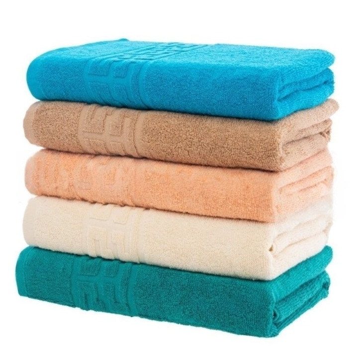 Set 5 prosoape de fata, Bumbac, Uni, Bordura Greceasca, 500g/m², 50x90cm, M17, Multicolor