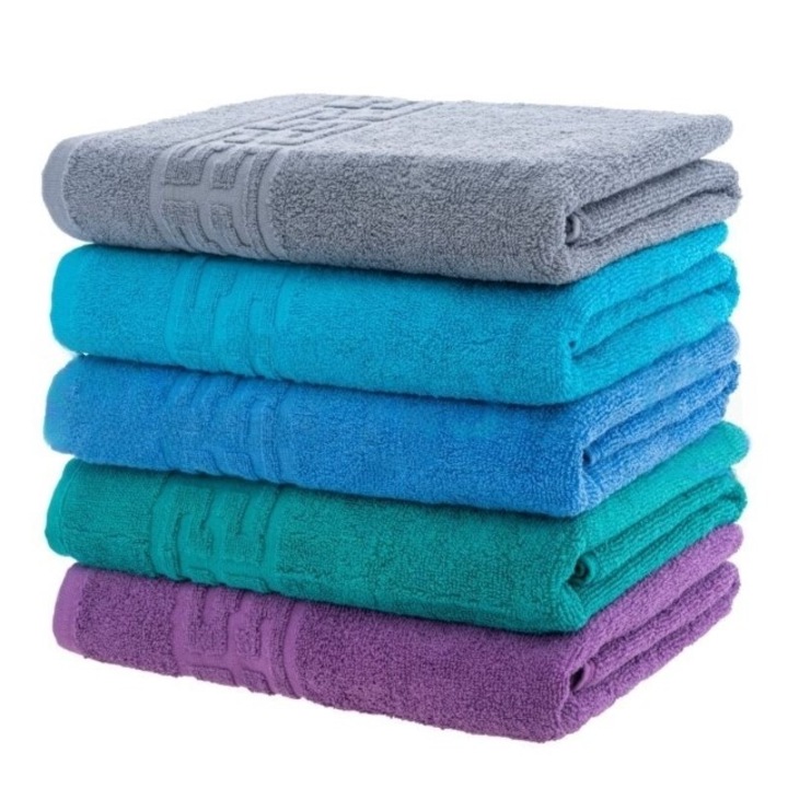 Set 5 prosoape de baie, Bumbac, Uni, Bordura Greceasca, 500g/m², 70x140cm, M20, Multicolor