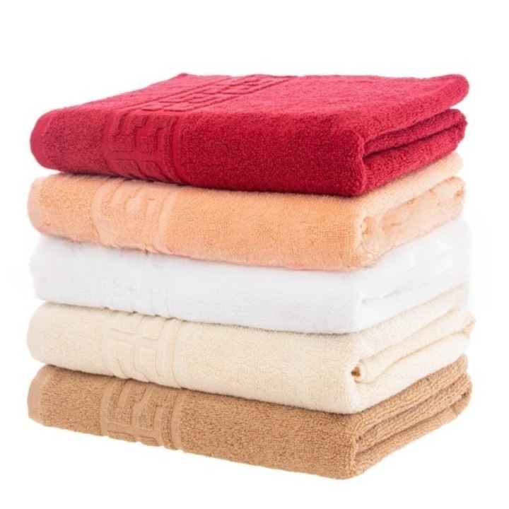 Set 5 prosoape de baie, Bumbac, Uni, Bordura Greceasca, 500g/m², 70x140cm, M27, Multicolor