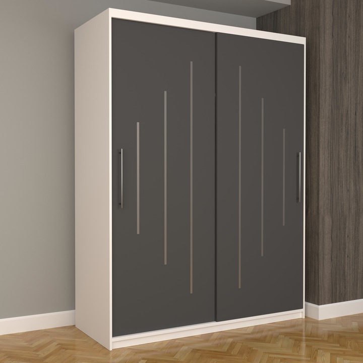 Dulap Dormitor Stefan Ultra 150 cm x 200 cm x 61 cm, fara oglinda, alb cu usi glisante gri