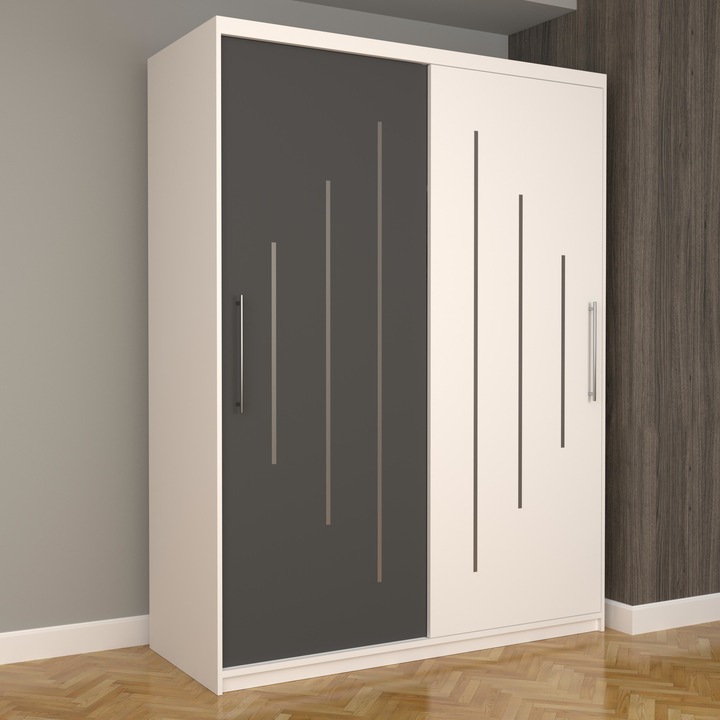 Dulap Dormitor Stefan Ultra 150 cm x 200 cm x 61 cm, fara oglinda, alb cu usi glisante gri alb