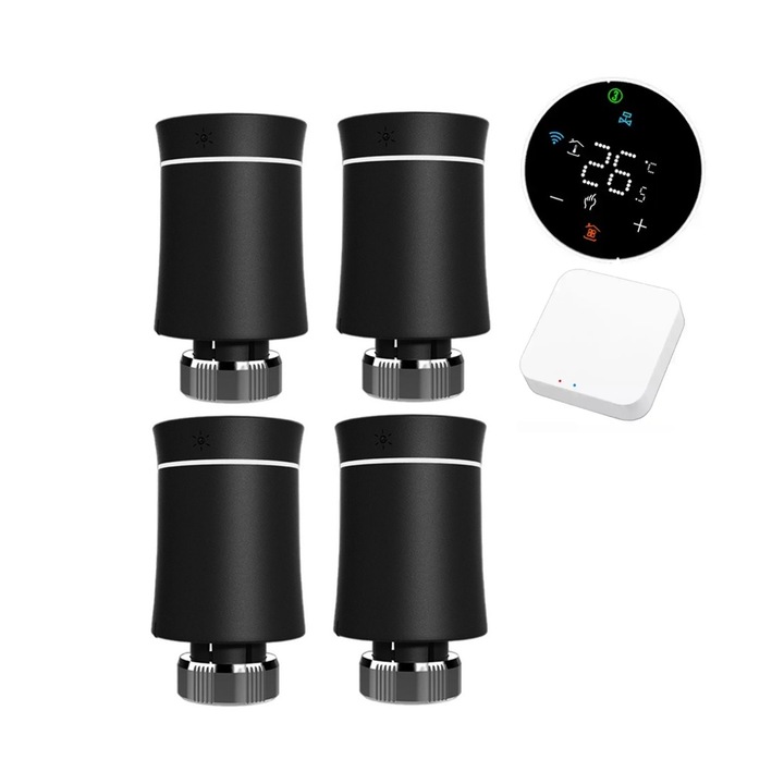 Kit automatizare smart radiatoare, 4 capuri Termostatate QTV, Monitorizare si automatizare temperatura ambientala, Wireless, Wifi, Afisaj Led, Lumina ambientala, hub Qsmart inclus, Control din telefon, Aplicatie iOS/ Android, negru
