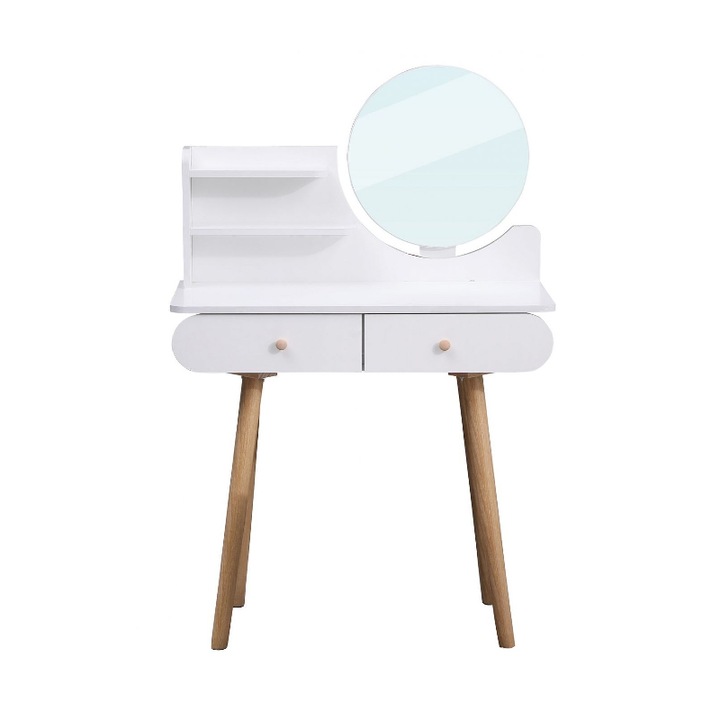 Set Alma, Masa de toaleta pentru machiaj cu oglinda, 2 sertare, scaun, Alb