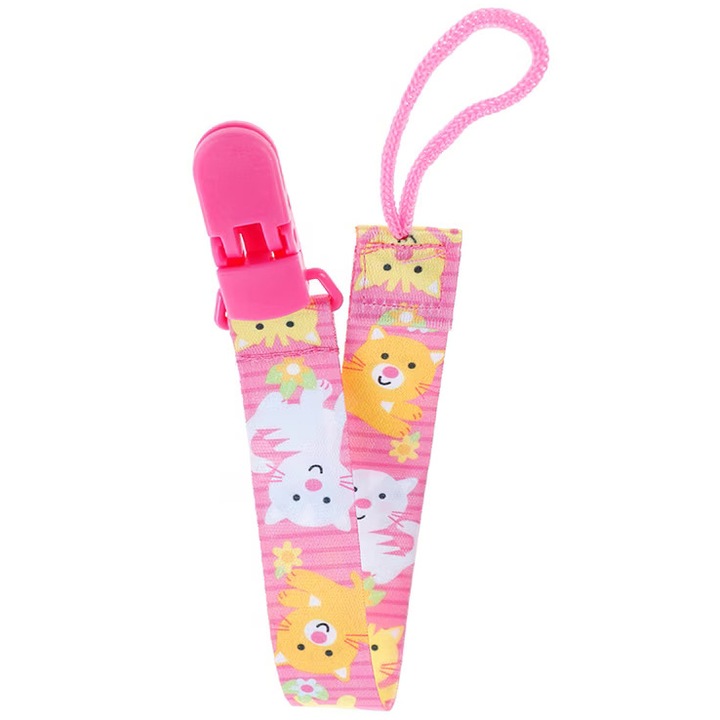Lant suzeta sau jucarie, cu clips, imprimeu roz cu pisicute, SARALMA®