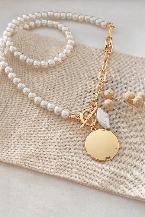 Atelier Miu, Colier cu perle sintetice, Auriu, Alb