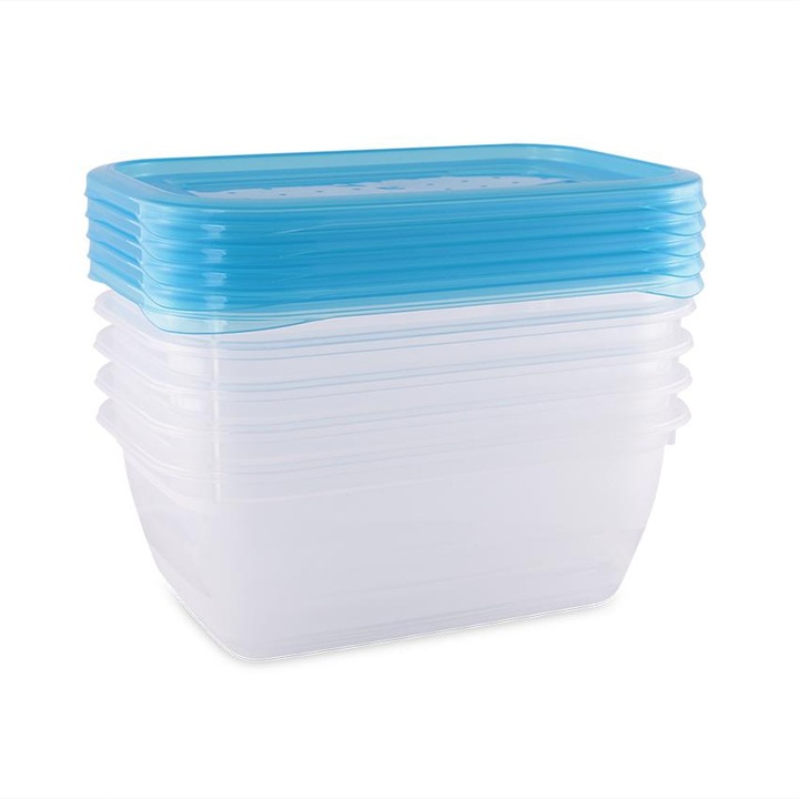 Set 5 recipiente rectangulare, cu capac pentru pastrarea hranei, inchidere etans, fara BPA, plastic rezistent la congelare, transparent, 500 ml