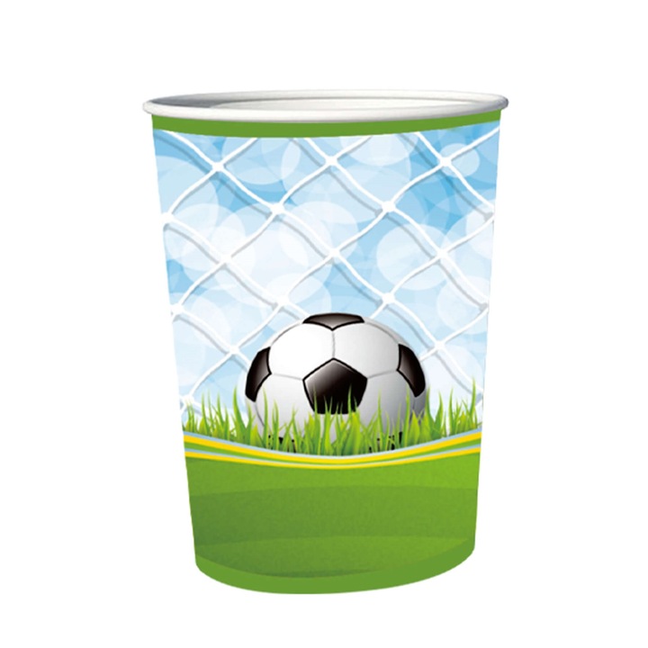 Комплект от 8 картонени парти чаши, Тревисто зелени, Футболна топка 8,5 см, 175 мл