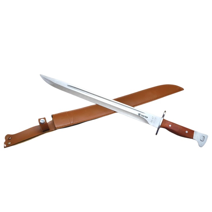 Cutit Military Bayonet, lungime lama 39.5cm, maner lemn, etui piele, 51cm lungime totala, Maro