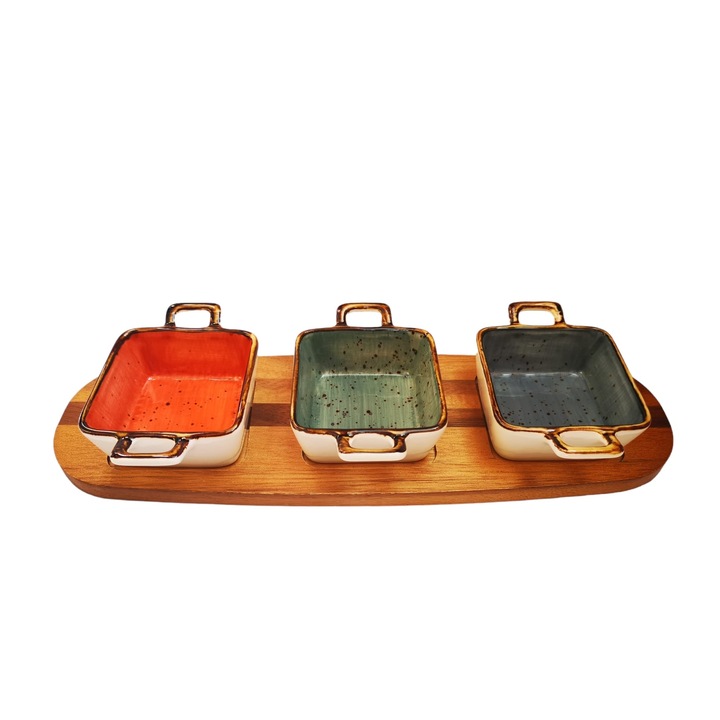 Set aperitive, ceramica, 3 boluri cu suport din lemn 32cm x 10 cm