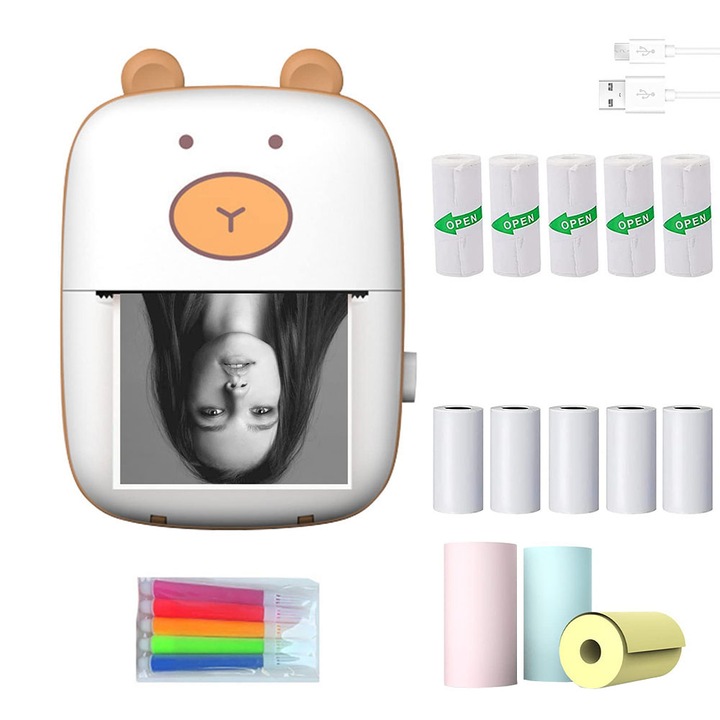 Set mini imprimanta termica si 13 role hartie, ZJZ, cu stilouri colorate, Bluetooth, compatibil iOS/Android, imprimare APP, Alb/Galben