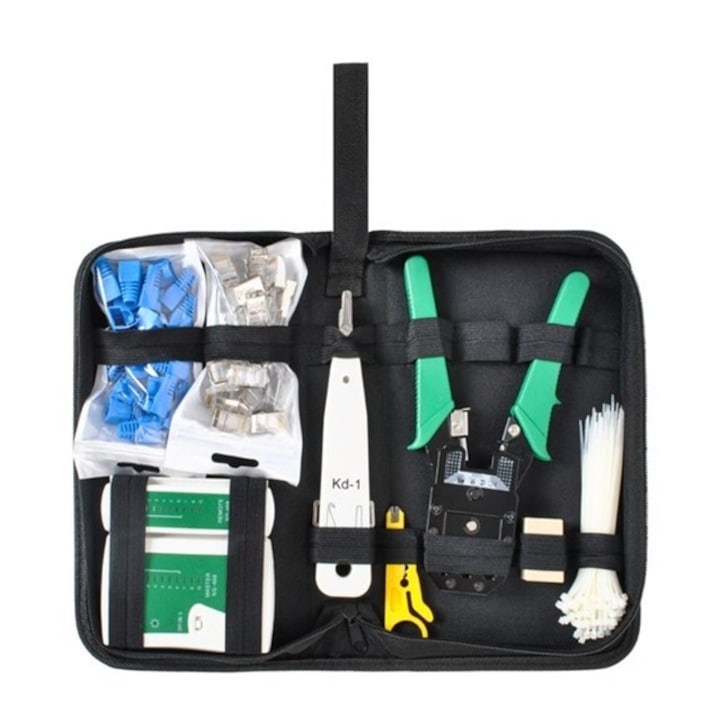 Комплект за тестване на LAN мрежов кабел 6 в 1 CLASStitude, UTP FTP STP, клещи за кримпване, щепсели, кутия за съхранение, черен