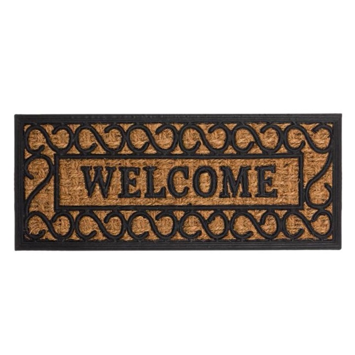 Yana bejárati szőnyeg, téglalap alakú Welcome modell gumikerettel, barna - fekete, 60 cm x 25 cm