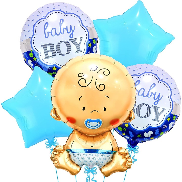 Set 5 baloane folie nou nascut baietel "Baby Boy", figurina albastru bebelus 75cm, Gender Reveal