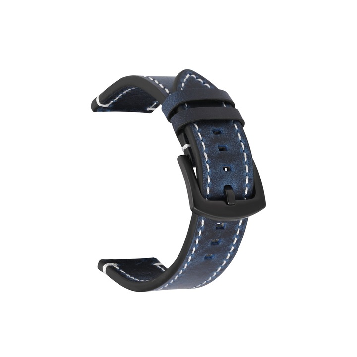 Curea universala 22mm Veaco®, din piele cusuta, pentru Samsung Gear S3 / Watch 46 / Huawei Watch GT 2 46mm / GT 2 Pro / GT 2e, albastru