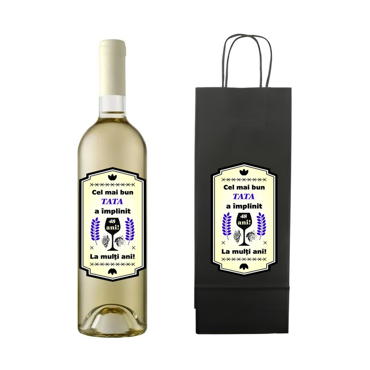 Set personalizat sticla de vin alb, demisec, Sauvignon Blanc, 750 ml si punga de cadouri cu imprimeu Cel mai bun tata a implinit 48 ani