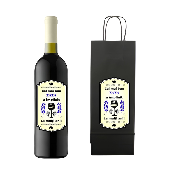 Set personalizat sticla de vin rosu, demisec, Feteasca Neagra, 750 ml si punga de cadouri cu imprimeu Cel mai bun tata a implinit 62 ani