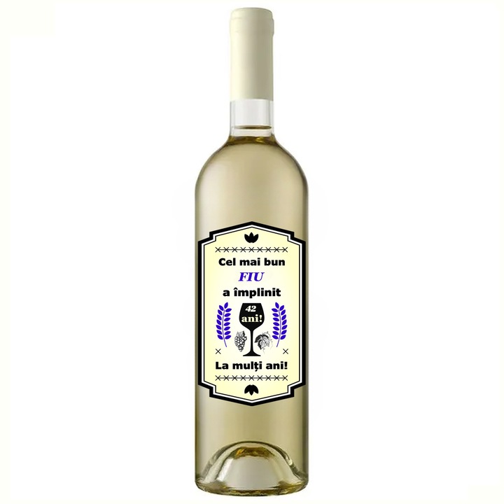 Set personalizat sticla de vin alb, demisec, Sauvignon Blanc, 750 ml, breloc succes si punga de cadouri cu imprimeu Cel mai bun fiu a implinit 42 ani