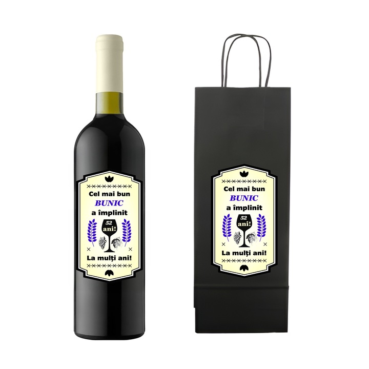 Set personalizat sticla de vin rosu, demisec, Feteasca Neagra, 750 ml si punga de cadouri cu imprimeu Cel mai bun bunic a implinit 52 ani