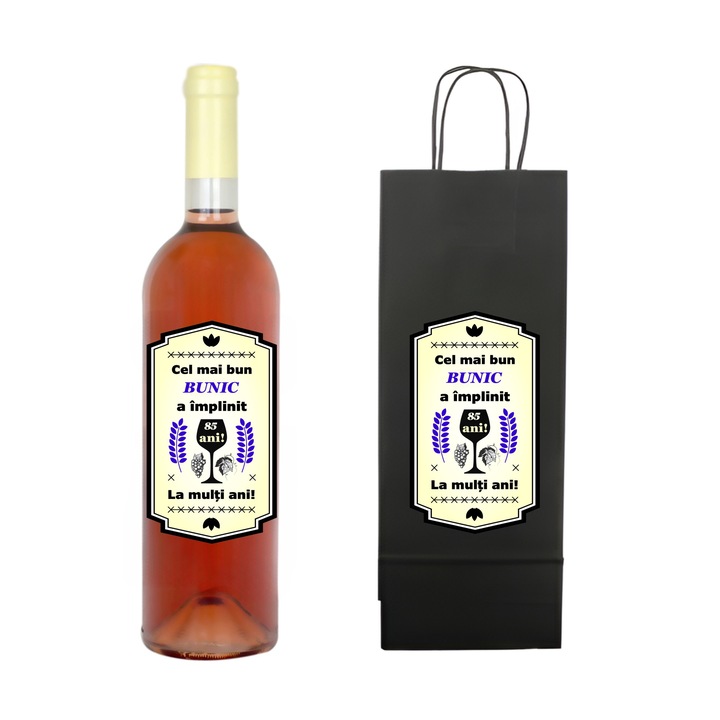 Set personalizat sticla de vin rose, demisec, 750 ml si punga de cadouri cu imprimeu Cel mai bun bunic a implinit 85 ani