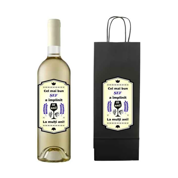 Set personalizat sticla de vin alb, demisec, Sauvignon Blanc, 750 ml si punga de cadouri cu imprimeu Cel mai bun sef a implinit 53 ani