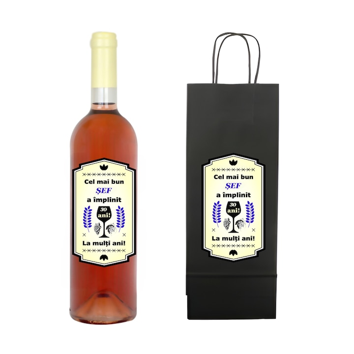 Set personalizat sticla de vin rose, demisec, 750 ml si punga de cadouri cu imprimeu Cel mai bun sef a implinit 30 ani