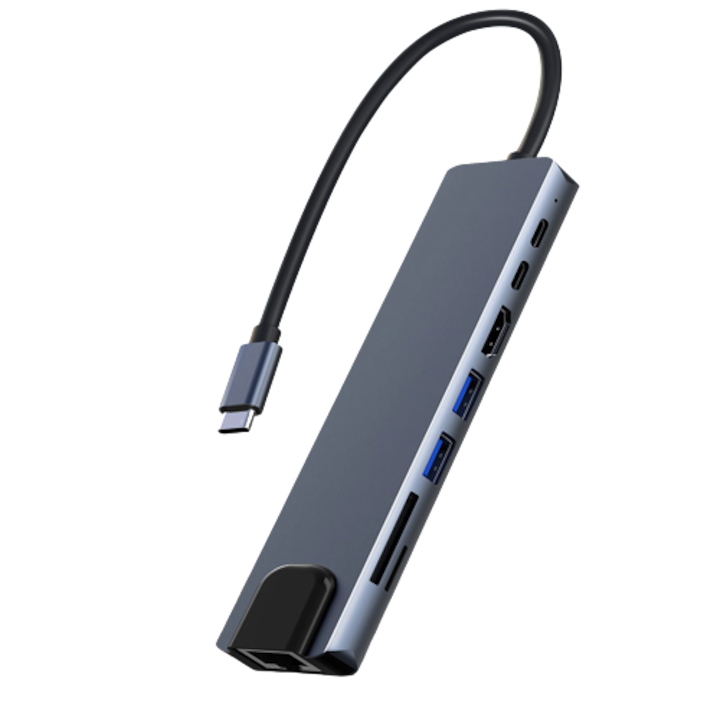 Адаптер за хъб 8 в 1 с входен щепсел Type-C, JENUOS, Plug&Play, алуминиев корпус, сребрист