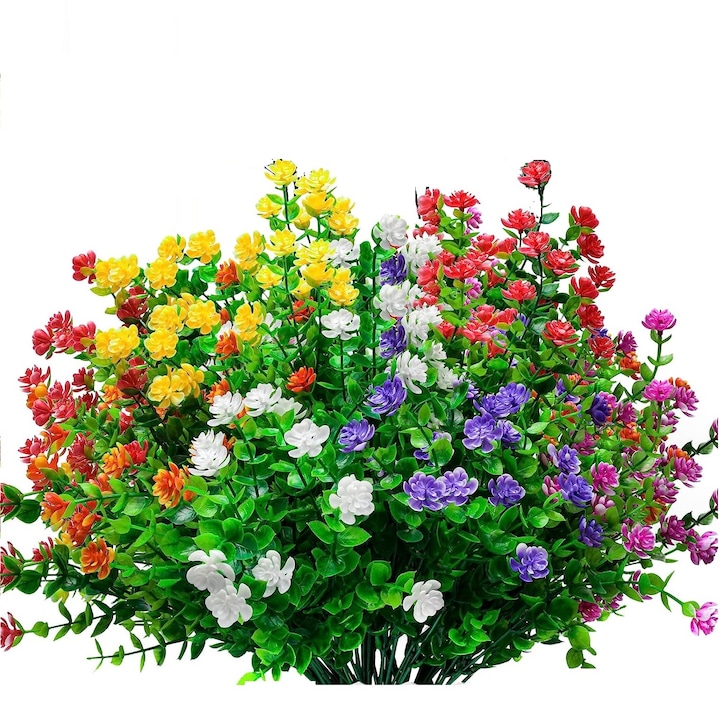 Set 12 buchete flori artificiale, JENUOS®, rezistente UV, plastic, pentru decor, Multicolor